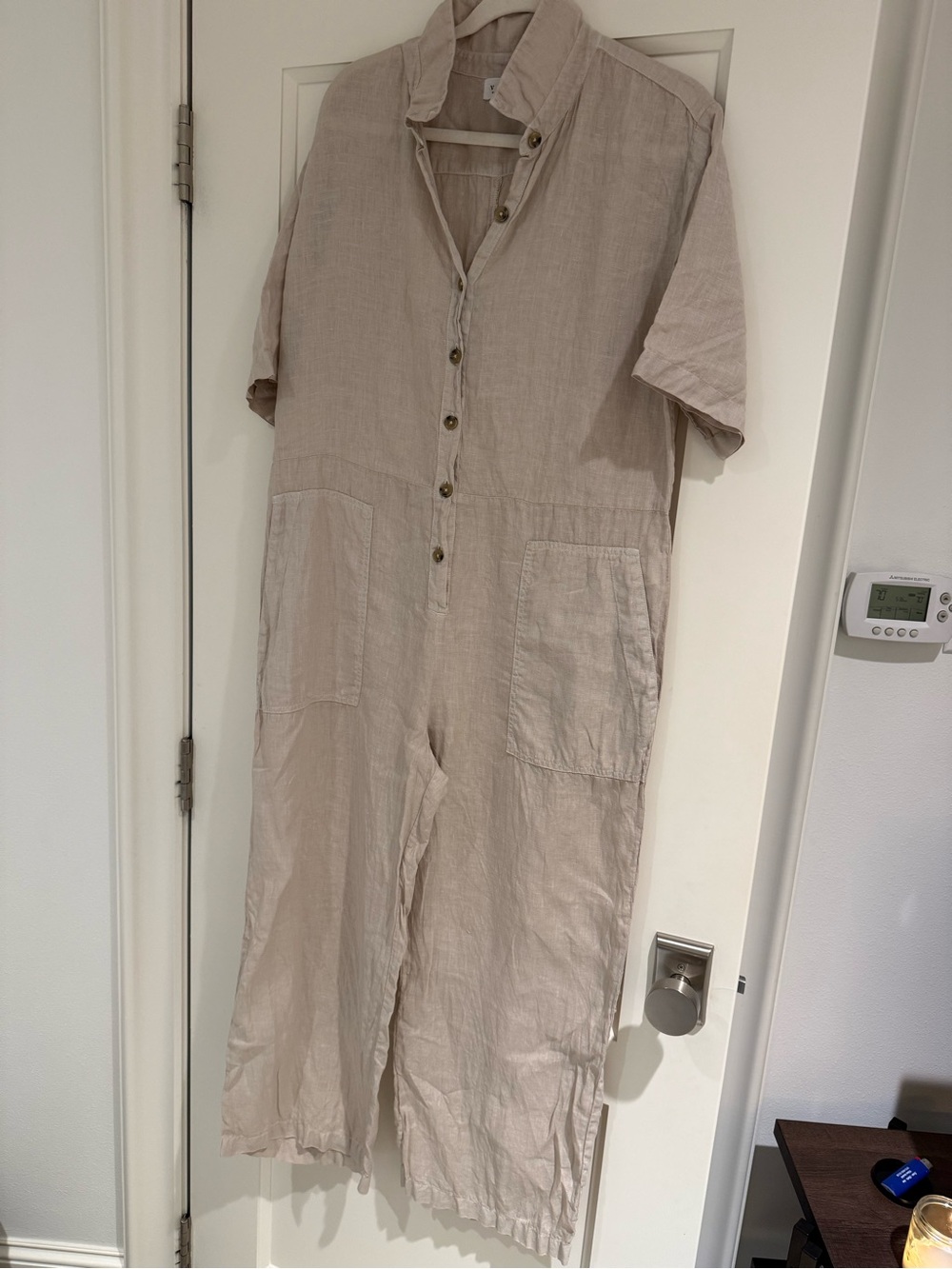 Velvet Beige Linen Jumpsuit with Front Pockets